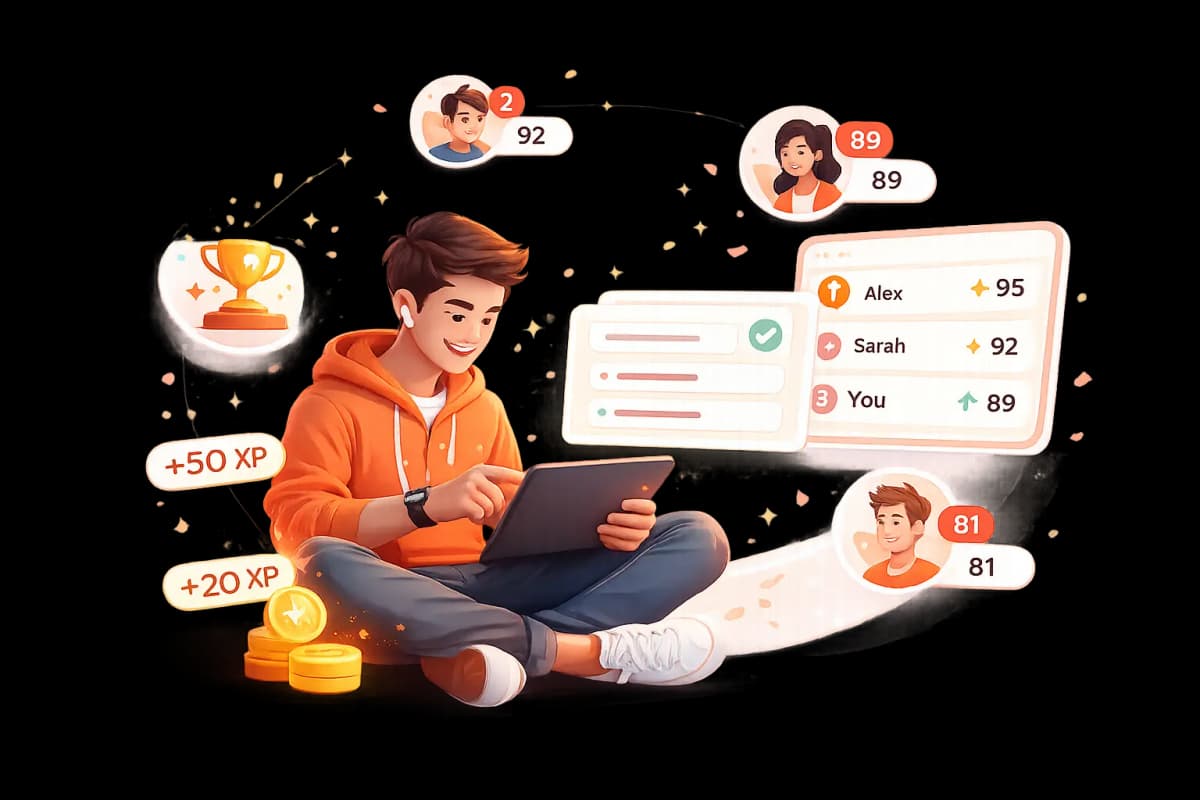 Players competing in a live multiplayer quiz battle — leaderboard, scores and XP rewards