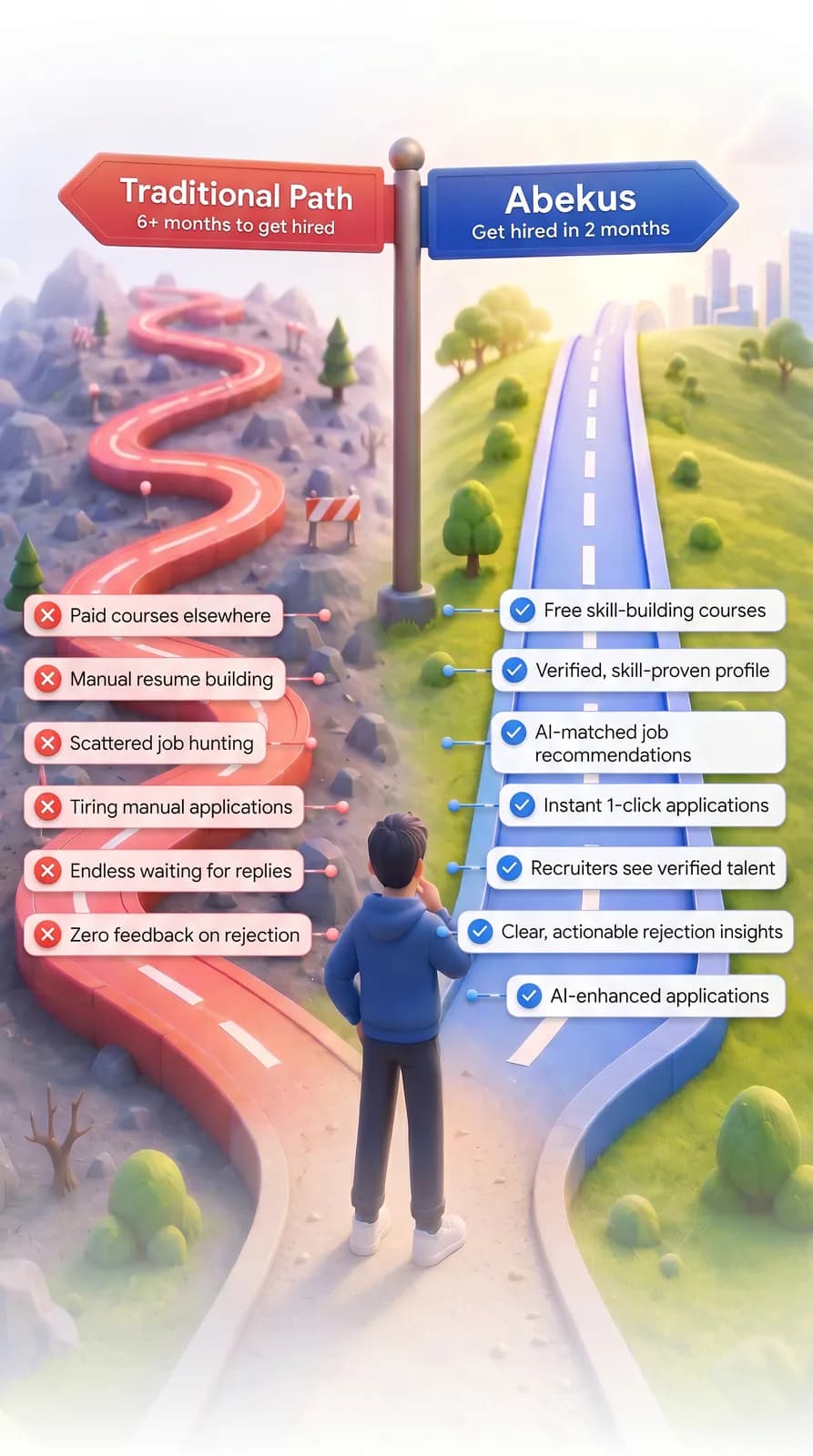The traditional hiring path versus the Abekus path — get hired in 2 months instead of 6+