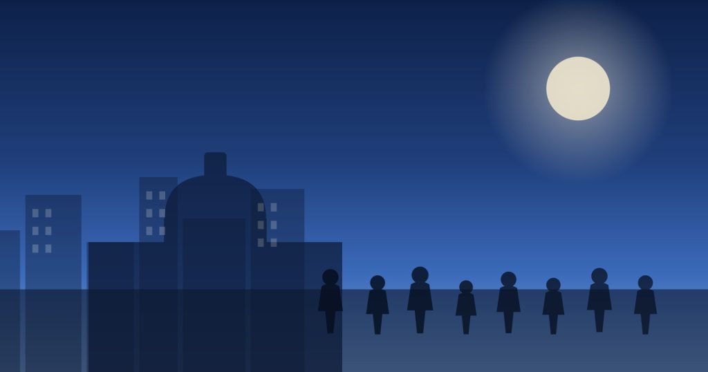 Illustration of students walking toward a campus building at dawn during placement season
