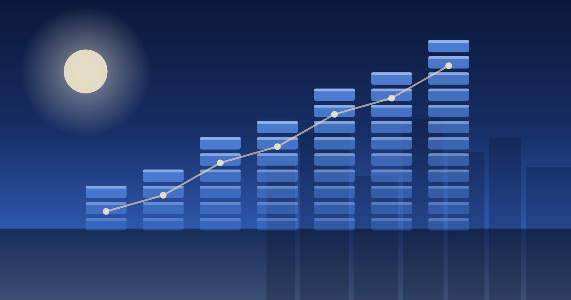 Illustration of compounding skill blocks rising at dawn representing in-demand skills for 2026