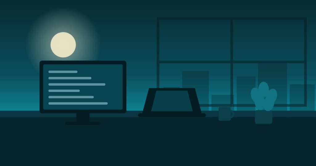 Illustration of a workspace at dawn representing an internship converting into a job offer