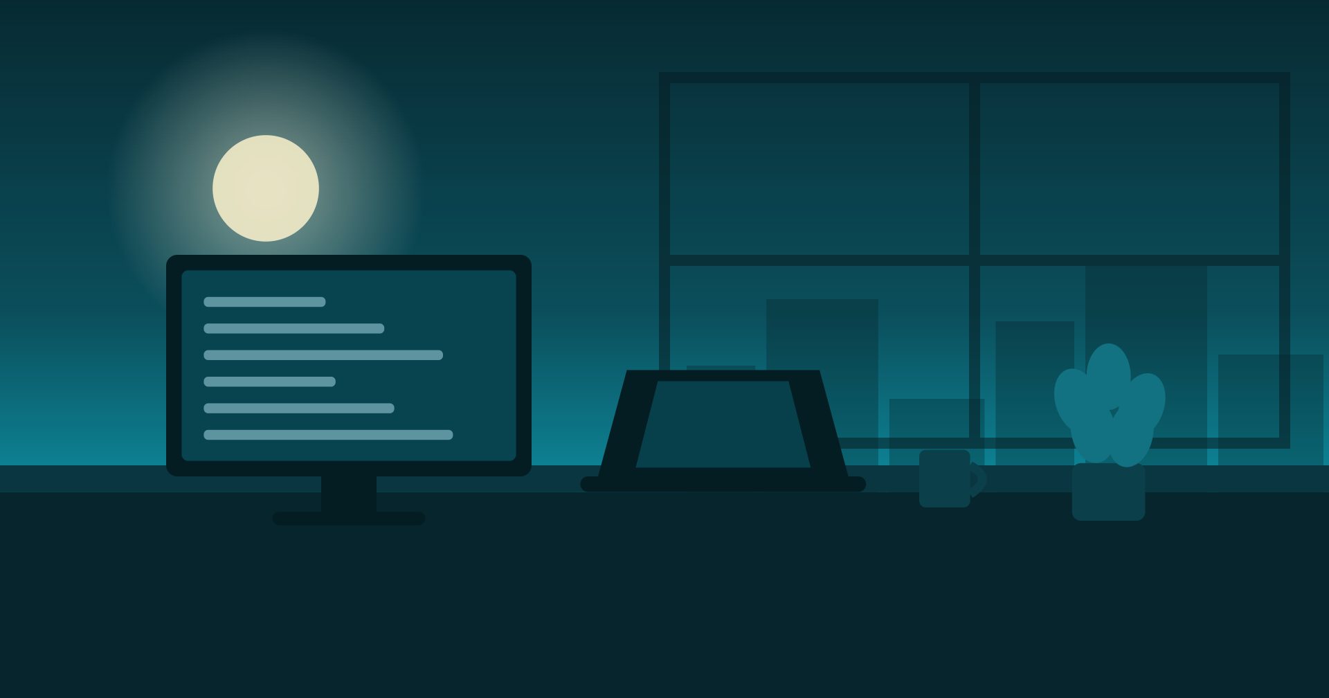 Illustration of a workspace at dawn representing an internship converting into a job offer